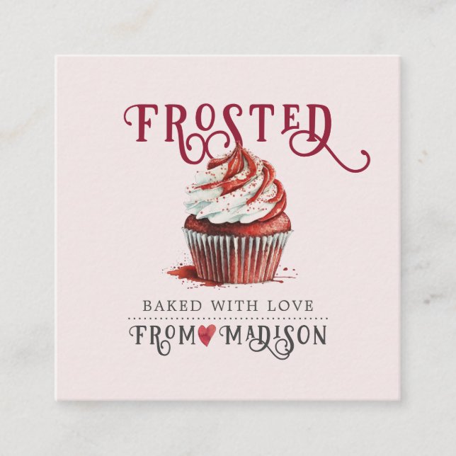 Baker's Cupcake Logo Calligraphy Script Pink Square Business Card (Front)