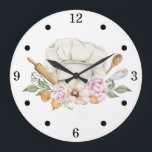 Bakers Tools Utensils Kitchen Large Clock<br><div class="desc">A cute modern watercolor personalized kitchen clock for the baker,  featuring baking tools and utensils,  chefs hat and floral.</div>