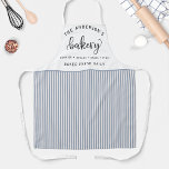 Bakery, Bake Fresh Daily White and Blue Stripes Apron<br><div class="desc">Make this beautiful apron your own by adding your own name,  family name or company name,  as well as two more personalized ares for your text.Design with gorgeous "Bakery" script in hand written calligraphy and white and blue stripe pattern. Great custom gift idea!</div>