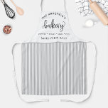 Bakery, Bake Fresh Daily White and Gray Stripes Apron<br><div class="desc">Make this beautiful apron your own by adding your own name,  family name or company name,  as well as two more personalized ares for your text.Design with gorgeous "Bakery" script in hand written calligraphy and white and gray stripe pattern. Great custom gift idea!</div>