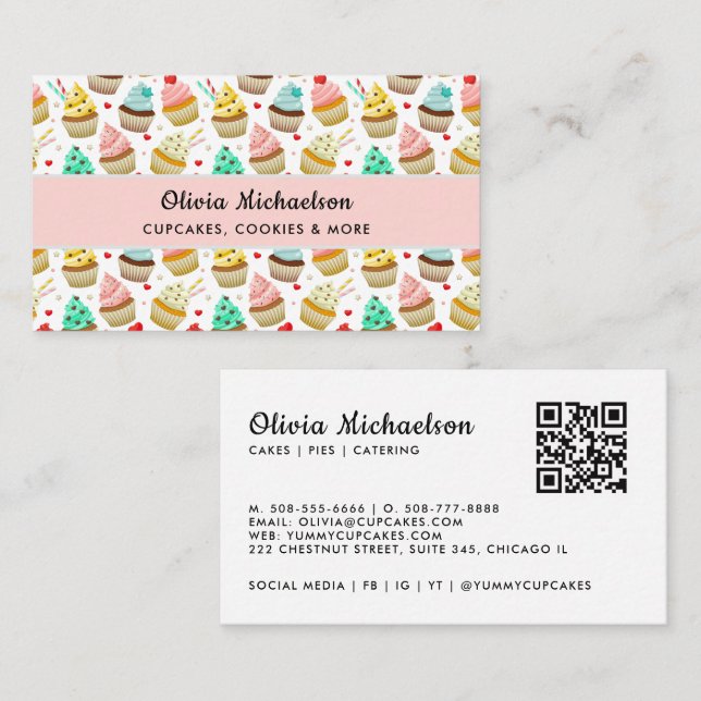 Bakery Baker Cute Cupcake Pattern QR Code Business Card (Front/Back)