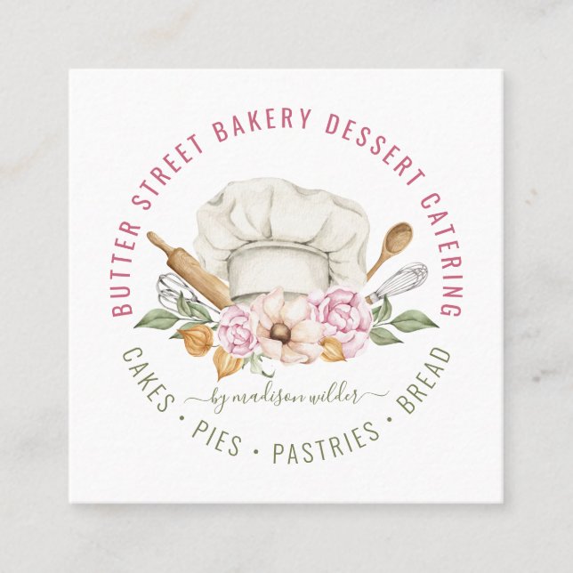Bakery Baker Pastry Chef Watercolor Baking Utensil Square Business Card (Front)