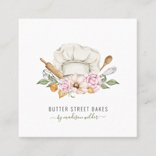 Bakery Baker Pastry Chef Watercolor Baking Utensil Square Business Card