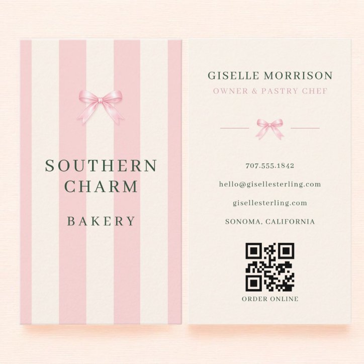 Bakery Baker Pink Green Striped Bow QR Code Business Card