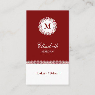 Bakery / Baker Red White Lace Monogram Business Card