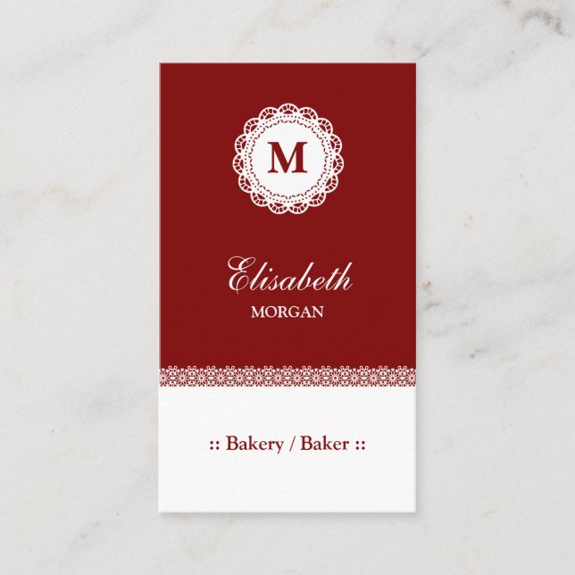 Bakery / Baker Red White Lace Monogram Business Card (Front)