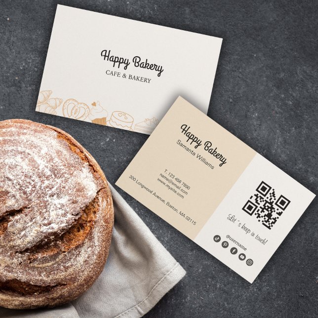 Bakery Beige Icons Qr Code Social Media Business Card (Bakery Beige Icons Qr Code Social Media Business Card)