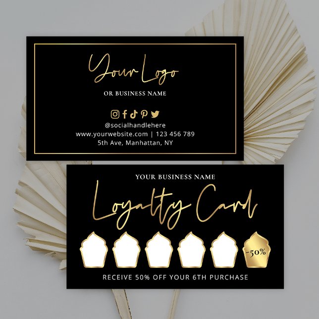 Bakery Black & Gold Logo Lux Modern Cupcake Cafe Loyalty Card (Glam black and gold cupcake loyalty cards, great for bakers, coffee shop or pastry chefs)