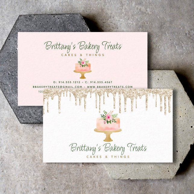 Bakery Blush Pink Cake Gold Glitter Drips Dessert Business Card (Creator Uploaded)