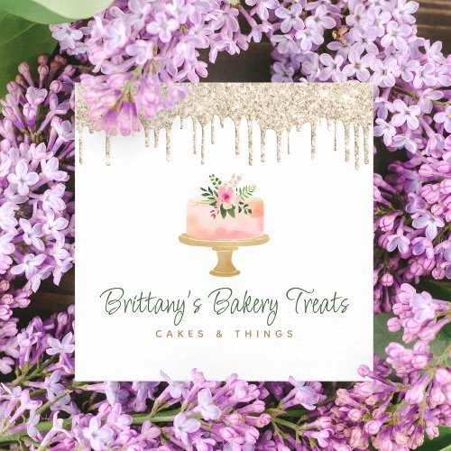 Bakery Blush Pink Cake Gold Glitter Drips Dessert Square Business Card