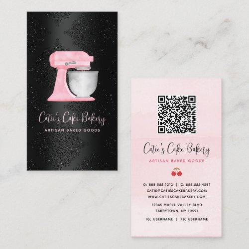 Bakery Blush Pink Mixer QR Code on Black Damask Business Card