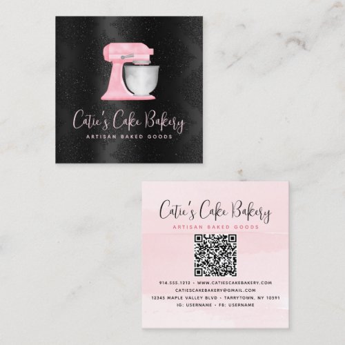 Bakery Blush Pink Mixer QR Code on Black Damask Square Business Card