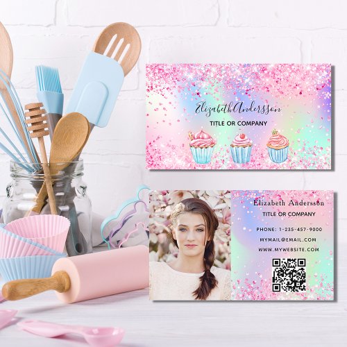 Bakery blush pink purple photo QR code Business Card