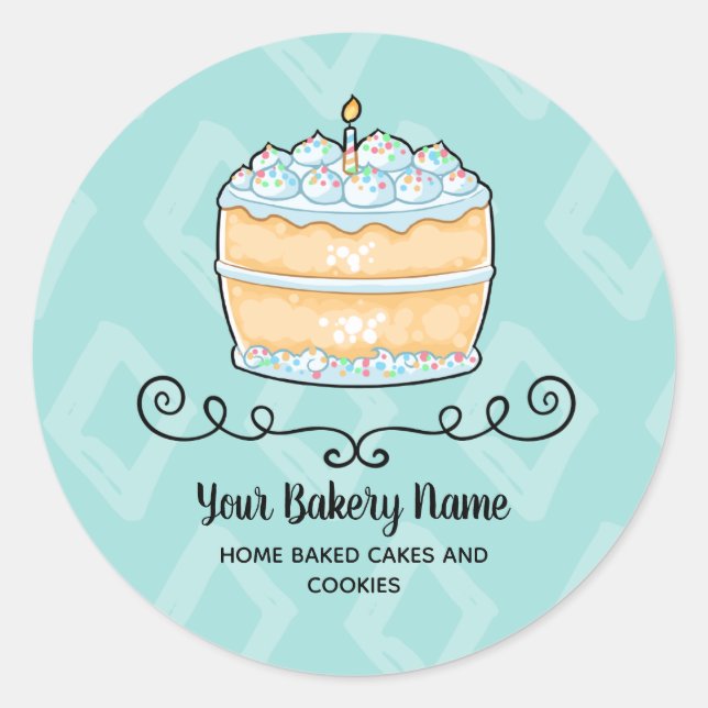 Bakery Business Blue Teal Cake Dessert Packaging Classic Round Sticker (Front)
