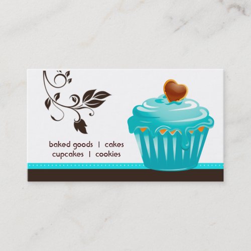 Bakery business card cupcake blue floral hearts