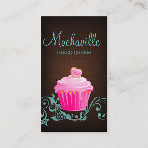 Customizable Bakery Business Card Cupcake Linen Brown Blue 2