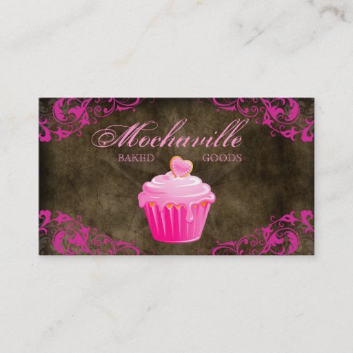 Customizable Bakery Business Card Cupcake Suede Brown Pink