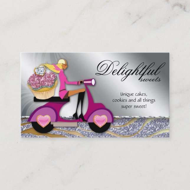 Bakery Business Card Glitter Cupcake Scooter Silve (Front)