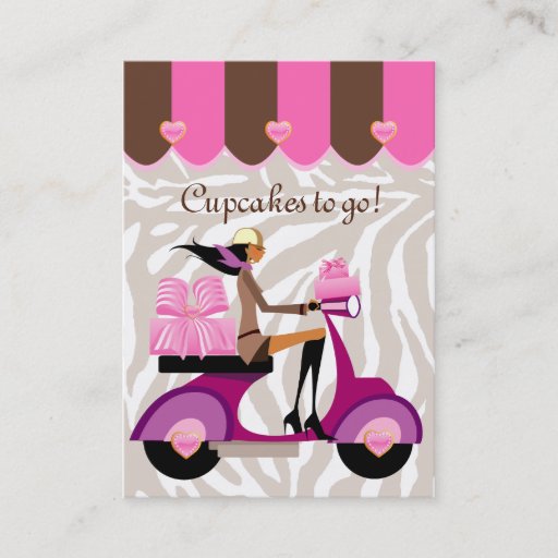 Customizable Bakery Business Card Scooter Girl Pink Boxes Zebra