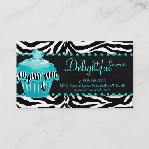 Customizable Bakery Business Card Zebra Blue Cupcake Heart Dots
