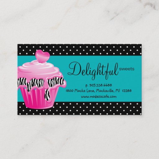 Customizable Bakery Business Card Zebra Dots Blue Pink Cupcake