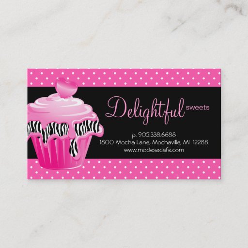 Customizable Bakery Business Card Zebra Dots Pink Cupcake Heart