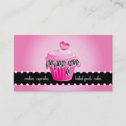 Customizable Bakery Business Card Zebra Pink Cupcake Heart