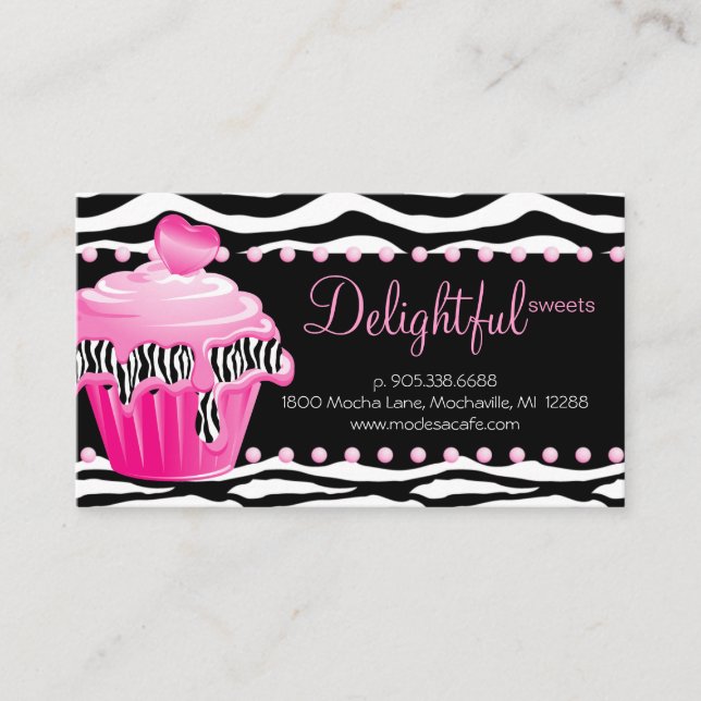 Bakery Business Card Zebra Pink Cupcake Heart Dots (Front)