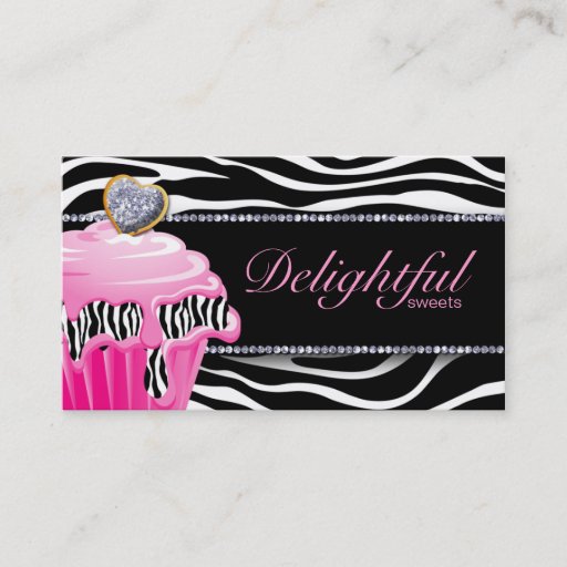 Customizable Bakery Business Card Zebra Pink Cupcake Silver