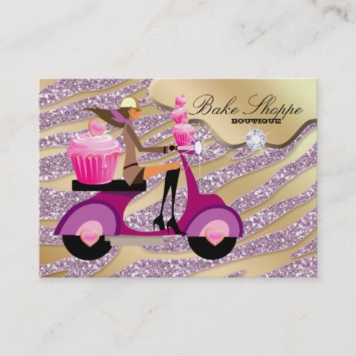 Customizable Bakery Business Card Zebra Pink Gold Sparkle