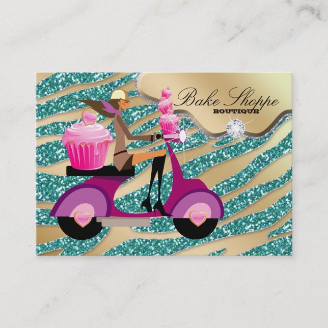 Bakery Business Card Zebra Teal Gold Sparkle (Front)