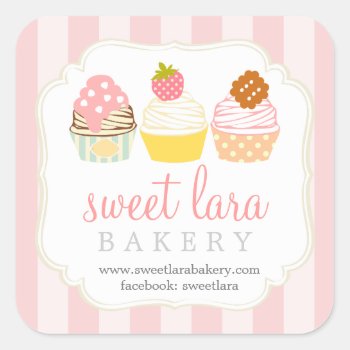 Bakery Cafe Retro Sweet Cupcakes Cute Boutique Square Sticker by Jujulili at Zazzle