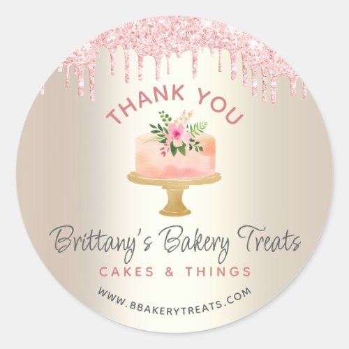 Bakery Cake Blush Pink Glitter Drip Gold Thank You Classic Round Sticker