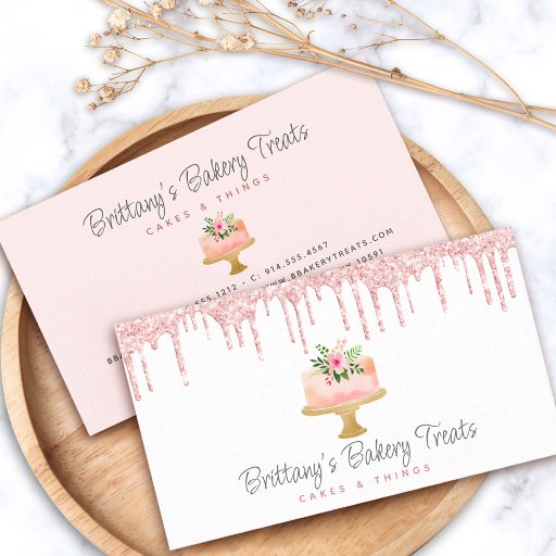 Customizable Bakery Cake Blush Pink Glitter Drip Pastry Dessert Business Card
