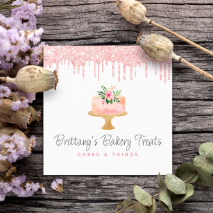 Bakery Cake Blush Pink Glitter Drip Pastry Dessert Square Business Card