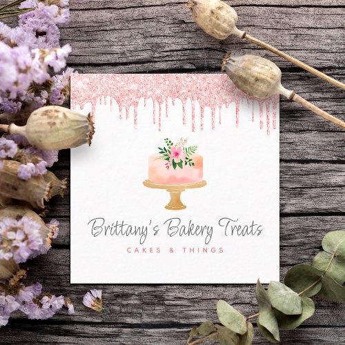 Bakery Cake Blush Pink Glitter Drip Pastry Dessert Square Business Card