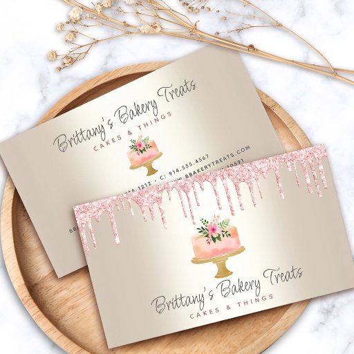 Customizable Bakery Cake Blush Pink Glitter Drips Dessert Gold Business Card