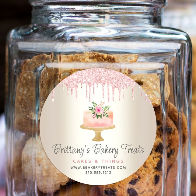 Bakery Cake Blush Pink Glitter Drips Dessert Gold Classic Round Sticker (Creator Uploaded)