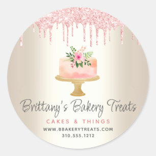 Bakery Cake Blush Pink Glitter Drips Dessert Gold Classic Round Sticker