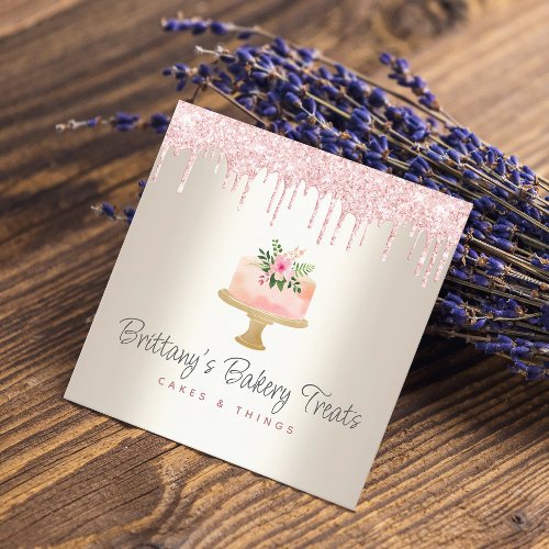 Bakery Cake Blush Pink Glitter Drips Dessert Gold Square Business Card