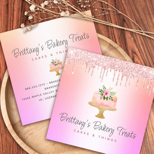 Bakery Cake Blush Pink Glitter Drips Rainbow Ombre Square Business Card