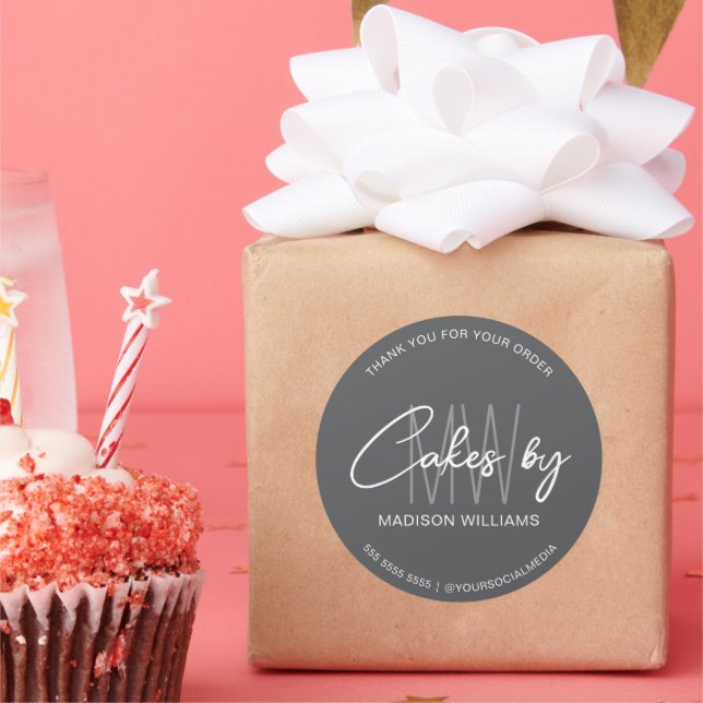 Bakery Cake Custom Monogram Logo Gray Classic Round Sticker (Party)