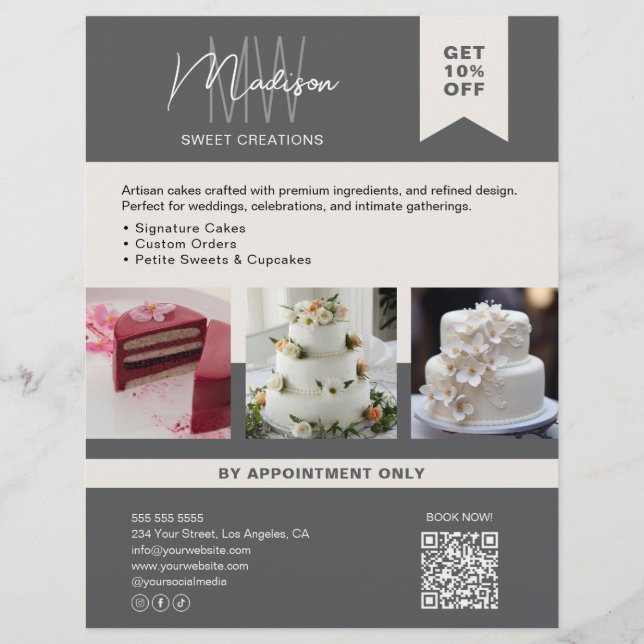 Bakery Cake Custom Monogram Logo Gray Flyer (Front)