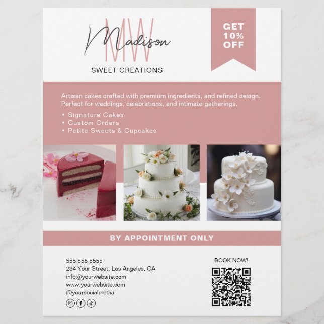 Bakery Cake Custom Monogram Logo White Pink Flyer (Front)