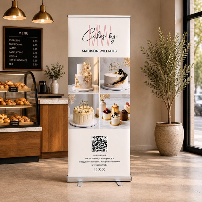 Bakery Cake Monogram Logo Photo QR Business Retractable Banner (Bakery Cake Monogram Logo Photo QR Business Retractable Banner)