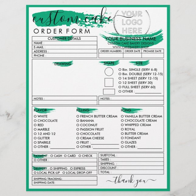 Bakery Cake Order Form green Flyer (Front)