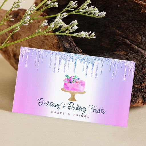 Customizable Bakery Cake Purple Glitter Drips Pastry Dessert Business Card