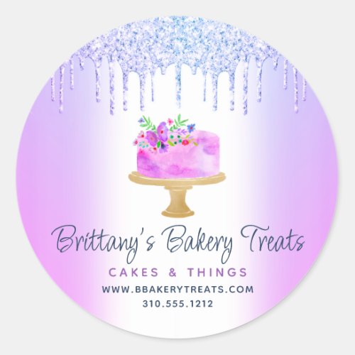 Bakery Cake Purple Glitter Drips Pastry Dessert Classic Round Sticker