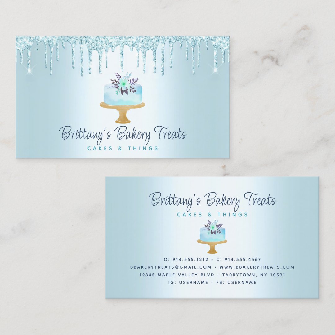 Bakery Cake Turquoise Pastry Glitter Drips Dessert Business Card Zazzle