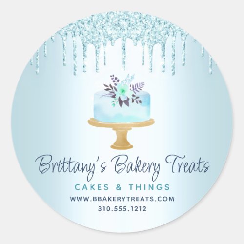Bakery Cake Turquoise Pastry Glitter Drips Dessert Classic Round Sticker